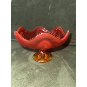 Amberina Epic 6 Petal Persimmon Compote Pedestal Bowl Art Glass‎ MCM Viking